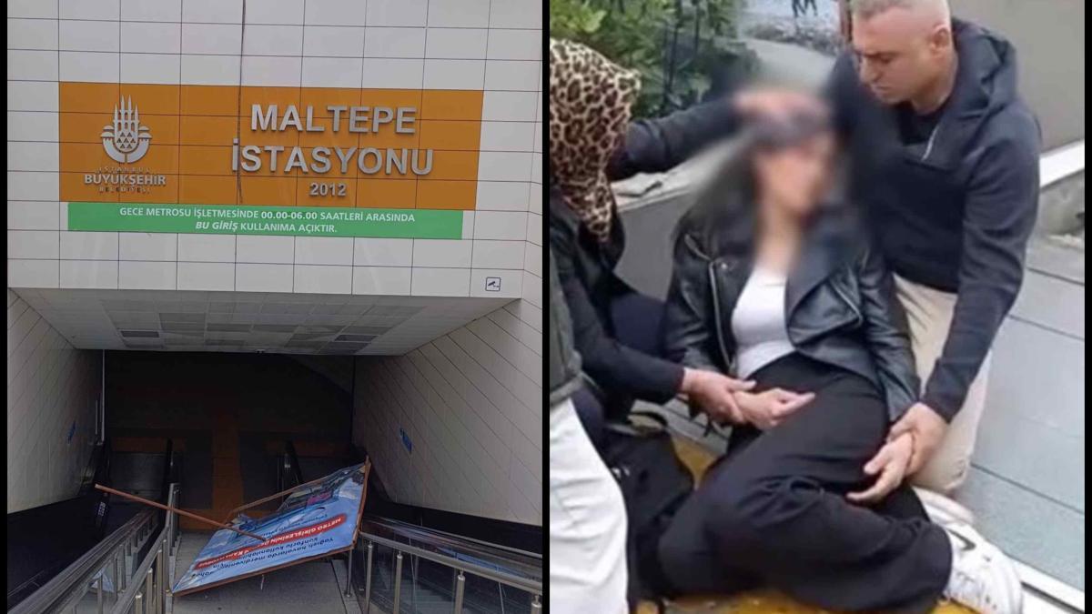 Metro durağında dehşeti yaşadı: Yürüyen merdivenlerde üzerine reklam panosu düştü